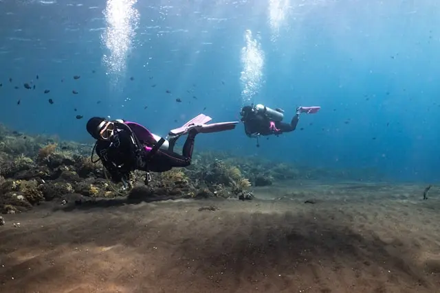 Scuba diver exploring colorful coral reef in Indonesia with tropical fish