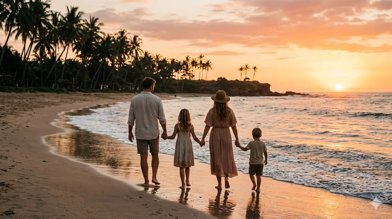 Family travel insurance Indonesia parents children Bali beach sunset
