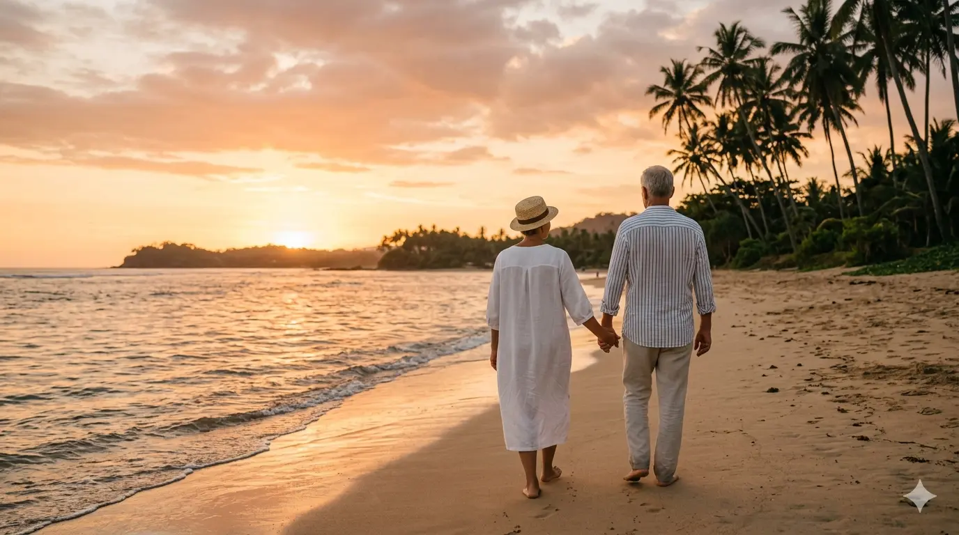 Indonesia travel insurance seniors mature couple Bali beach sunset
